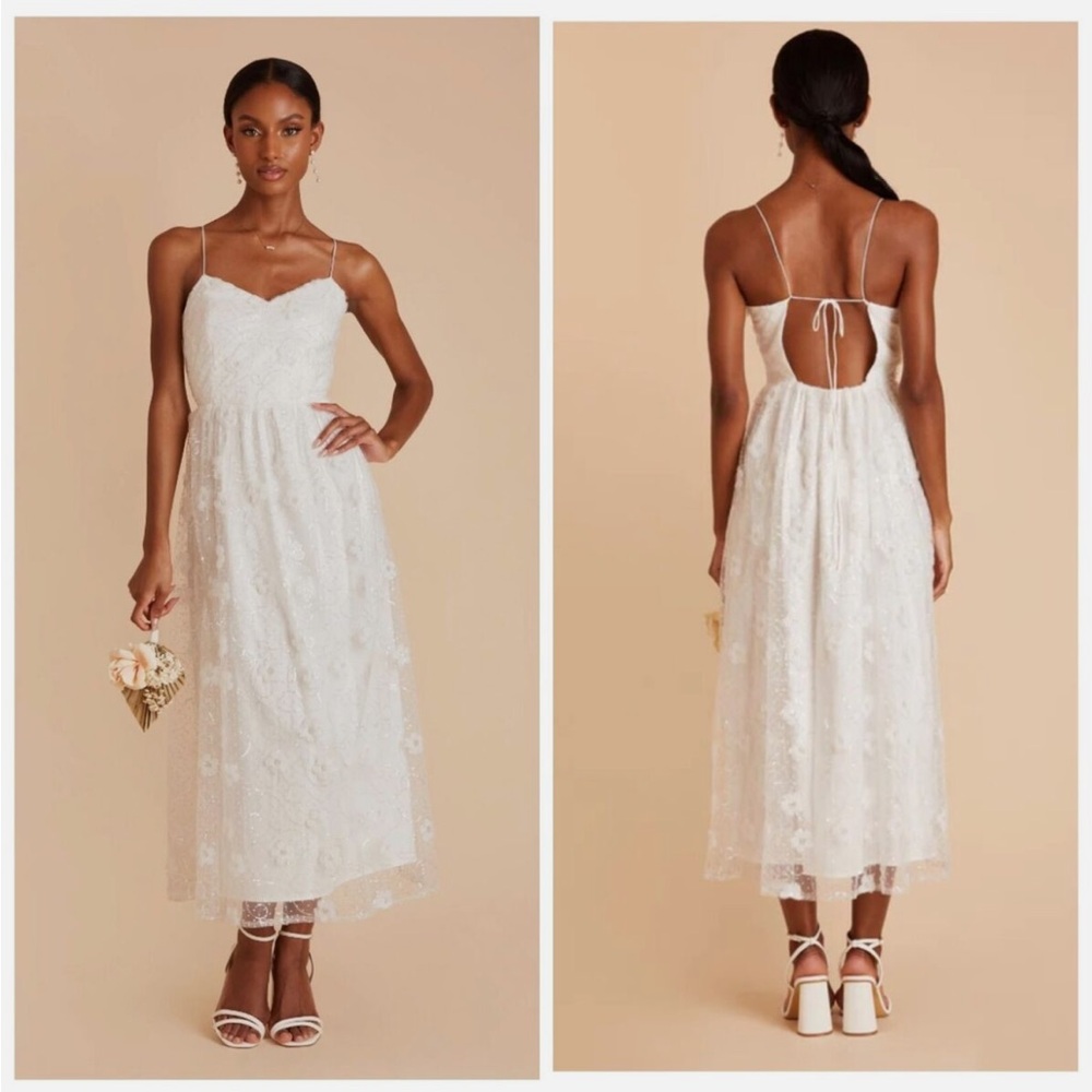 Birdy Grey White Lace Midi Dress with Spaghetti Straps